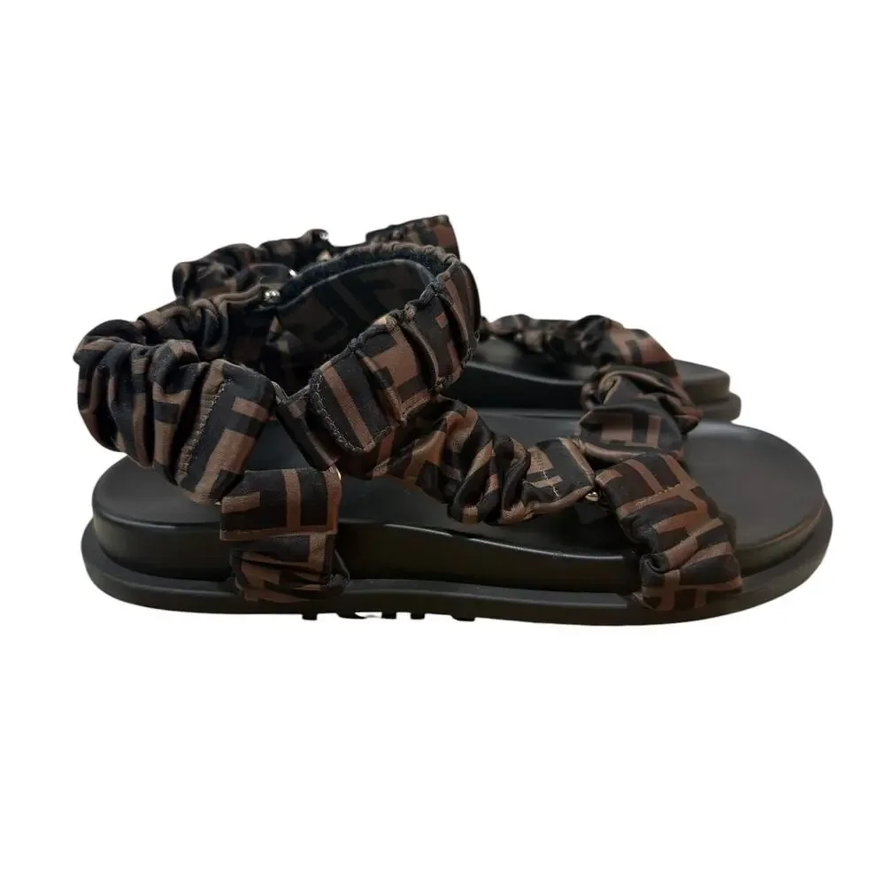 Fendi Feel FF Satin Ruched Dad Sandals EU 37 Brown Logo